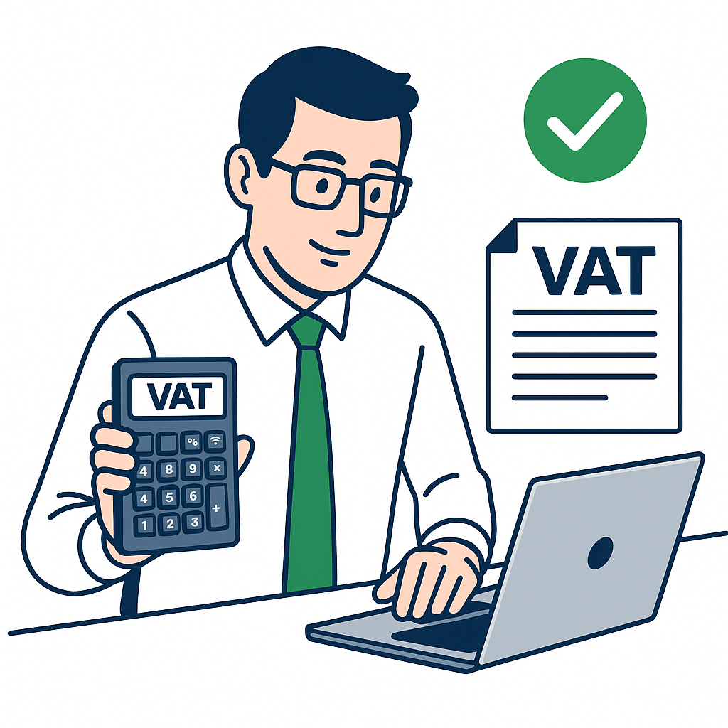 Accountant using calculator and laptop to work out VAT