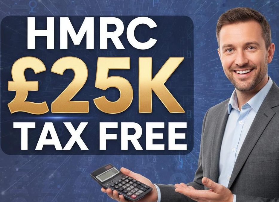 A navy and green Taxes Done Right graphic showing the headline ‘HMRC’s £25,070 Tax-Free Allowances Explained – Don’t Miss Out’. A friendly accountant character stands beside bold text with money icons around the title.