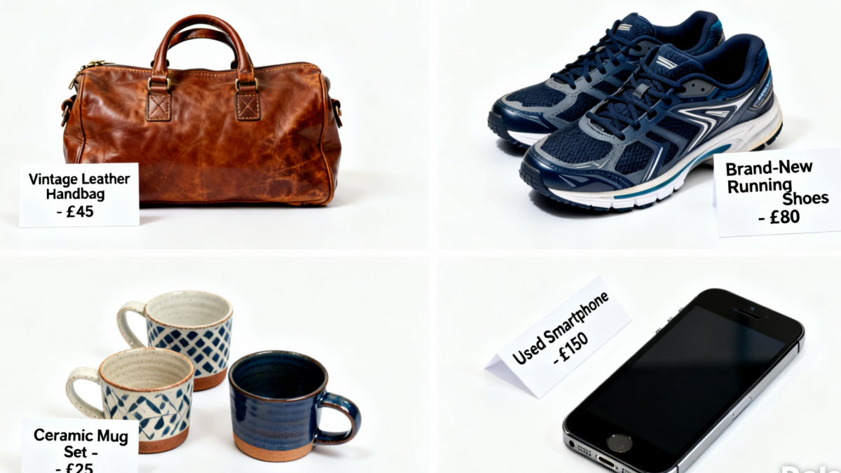 A person sorting second-hand clothes and parcels at home, preparing to list items on Vinted and eBay, with a message reassuring that selling personal belongings is not taxable.