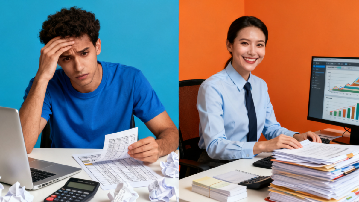 A split-screen image showing a stressed person struggling with a DIY tax return on one side, and a calm professional accountant reviewing documents confidently on the other, highlighting the contrast between doing taxes yourself and hiring an expert.