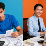 A split-screen image showing a stressed person struggling with a DIY tax return on one side, and a calm professional accountant reviewing documents confidently on the other, highlighting the contrast between doing taxes yourself and hiring an expert.