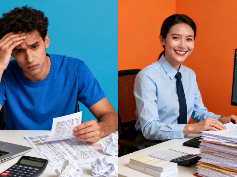 A split-screen image showing a stressed person struggling with a DIY tax return on one side, and a calm professional accountant reviewing documents confidently on the other, highlighting the contrast between doing taxes yourself and hiring an expert.