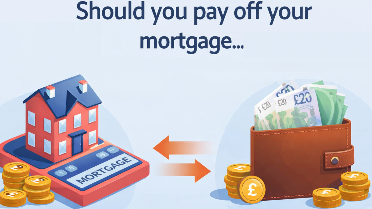 Illustration showing a buy-to-let property on a calculator labelled mortgage on one side and a wallet filled with cash on the other, asking whether to pay off a buy-to-let mortgage or keep the cash.