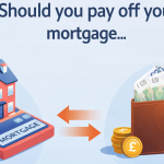 Illustration showing a buy-to-let property on a calculator labelled mortgage on one side and a wallet filled with cash on the other, asking whether to pay off a buy-to-let mortgage or keep the cash.