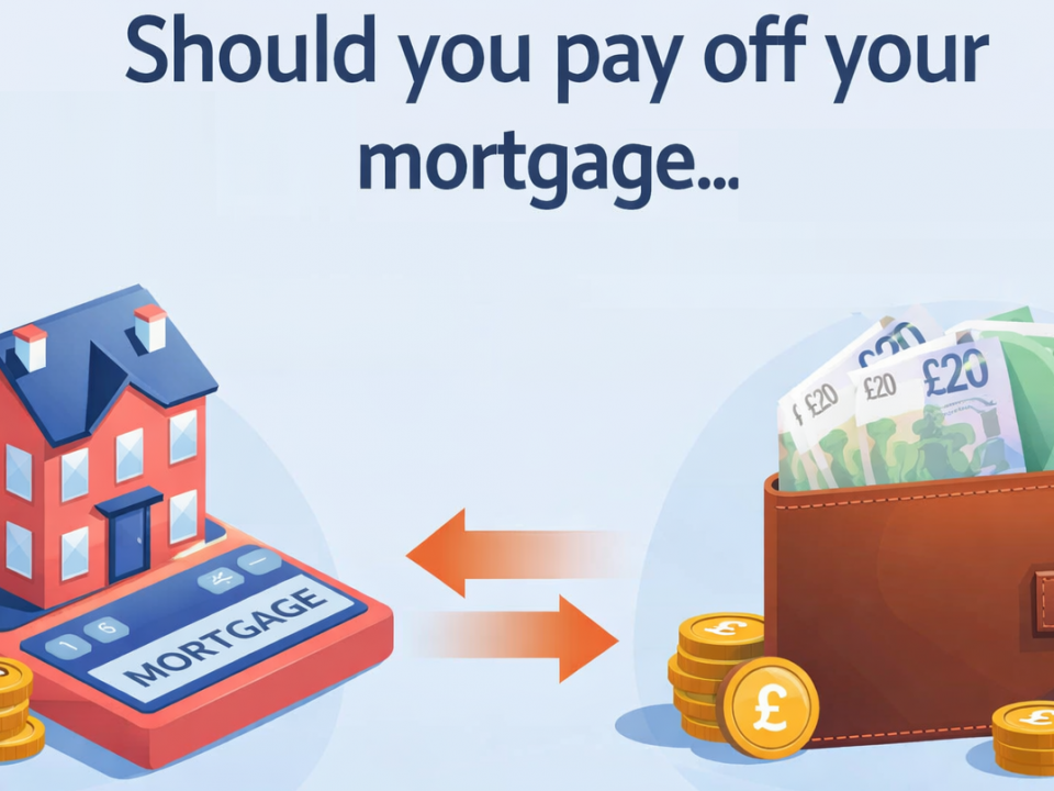Illustration showing a buy-to-let property on a calculator labelled mortgage on one side and a wallet filled with cash on the other, asking whether to pay off a buy-to-let mortgage or keep the cash.