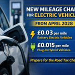 Electric vehicle charging with text highlighting new mileage charge from April 2028