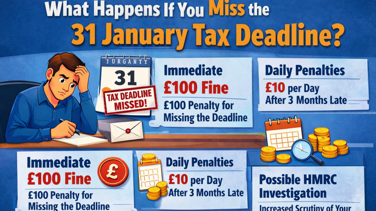 What happens if you miss the 31 January tax deadline in the UK including HMRC penalties interest and fines
