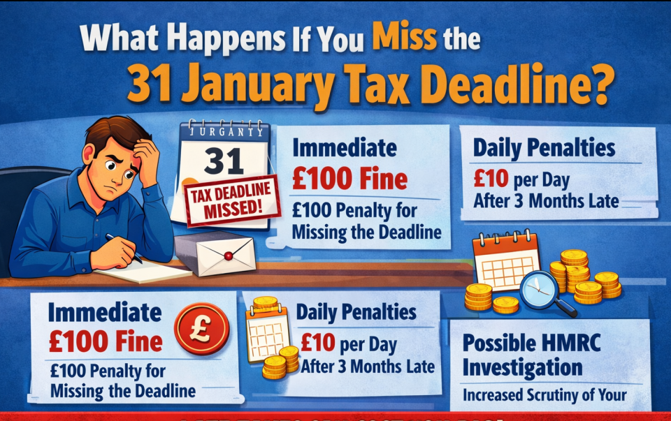 What happens if you miss the 31 January tax deadline in the UK including HMRC penalties interest and fines