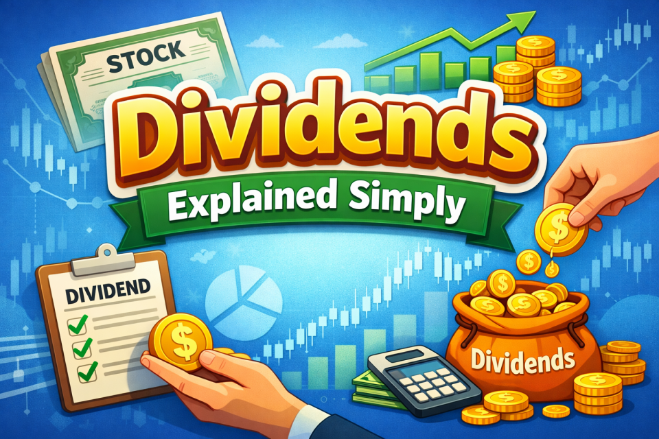 Dividends explained simply with illustrated example showing shares, income payments, and investment growth