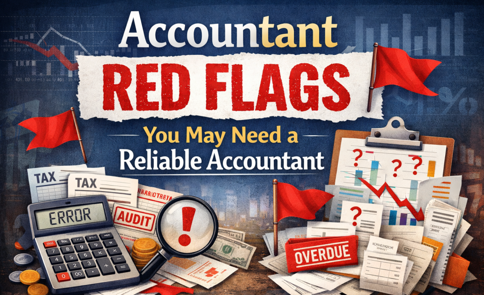 Illustration showing common accountant red flags, missed deadlines, tax errors and warning signs that you may need a reliable accountant