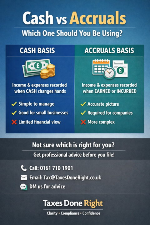 Cash vs accruals accounting comparison showing differences between cash basis and accruals basis for UK businesses