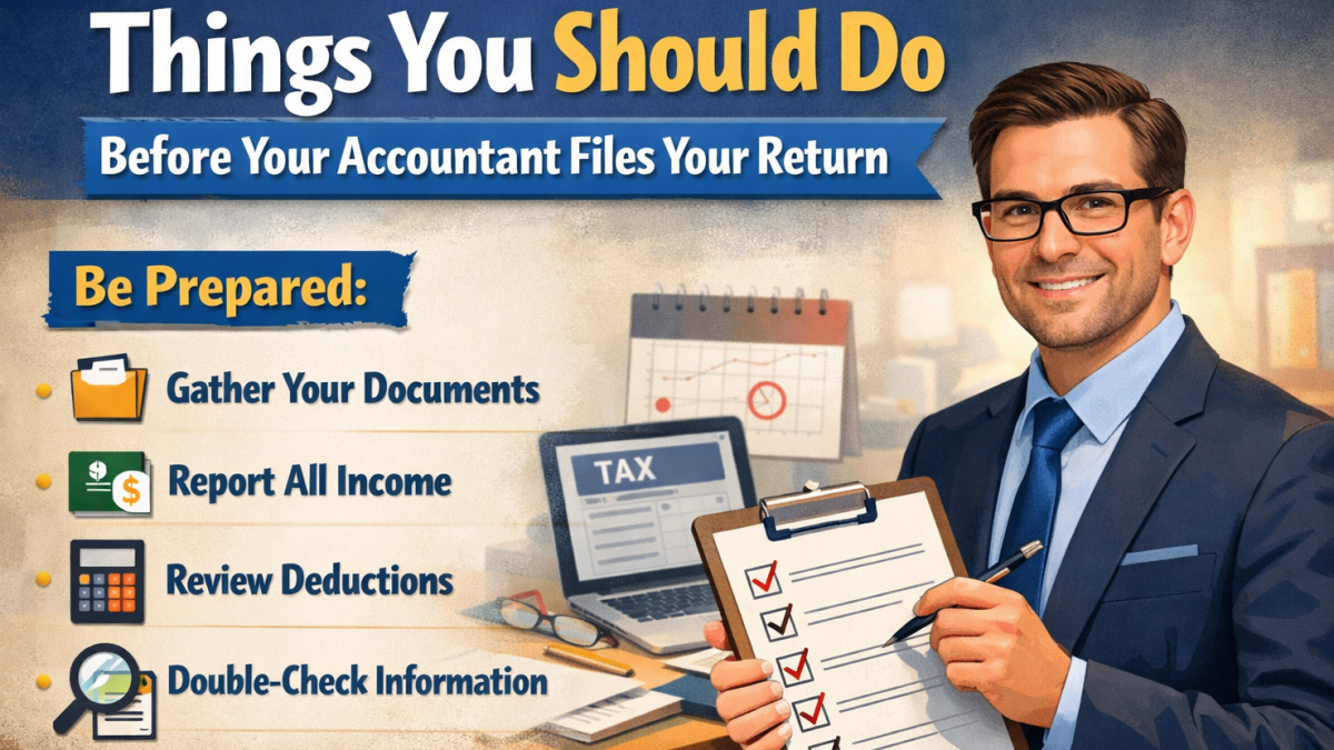 Accountant in smart business attire holding a checklist of things to do before filing a tax return