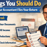 Accountant in smart business attire holding a checklist of things to do before filing a tax return
