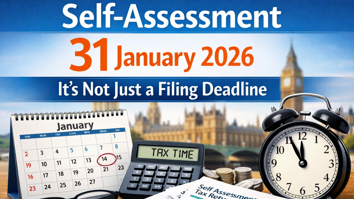 Self-Assessment 31 January 2026 deadline showing tax documents, calendar and clock