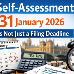 Self-Assessment 31 January 2026 deadline showing tax documents, calendar and clock