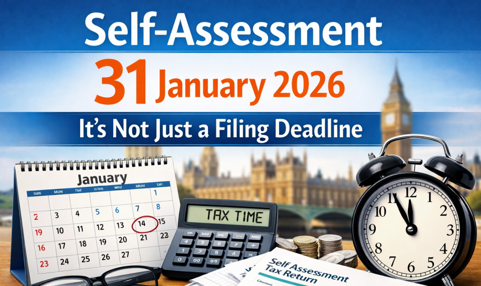 Self-Assessment 31 January 2026 deadline showing tax documents, calendar and clock