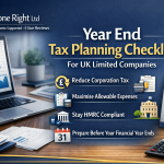 Year End Tax Planning Checklist for UK Limited Companies by Taxes Done Right showing corporation tax reduction, allowable expenses, HMRC compliance and financial year end preparation
