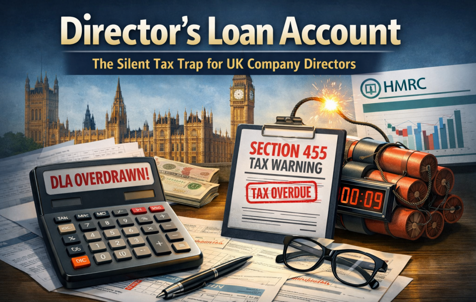 Director’s Loan Account Section 455 tax warning showing overdrawn DLA calculator, HMRC notice and tax overdue concept for UK company directors.