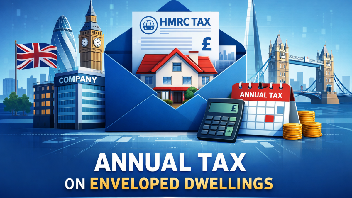 Annual Tax on Enveloped Dwellings ATED UK concept showing company owned residential property and tax illustration
