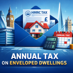 Annual Tax on Enveloped Dwellings ATED UK concept showing company owned residential property and tax illustration