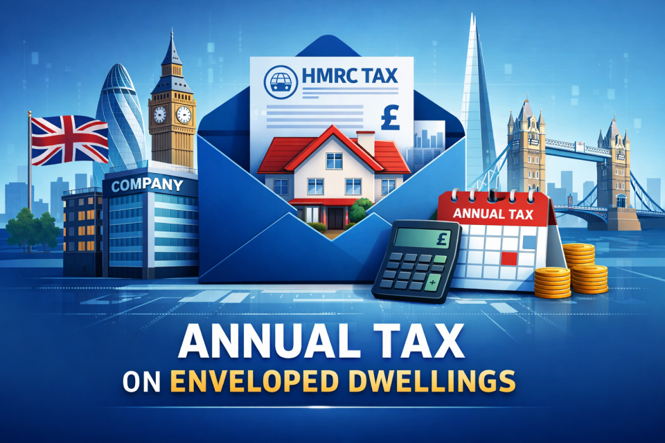 Annual Tax on Enveloped Dwellings ATED UK concept showing company owned residential property and tax illustration