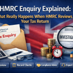 HMRC enquiry explained illustration showing tax return investigation, calculator, documents and UK flag background