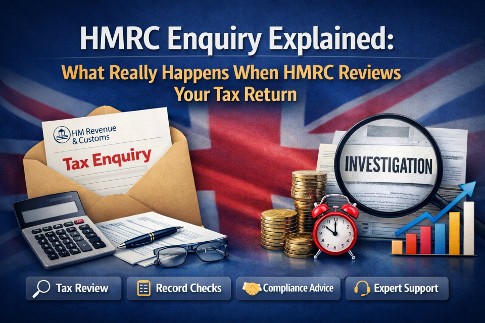 HMRC enquiry explained illustration showing tax return investigation, calculator, documents and UK flag background
