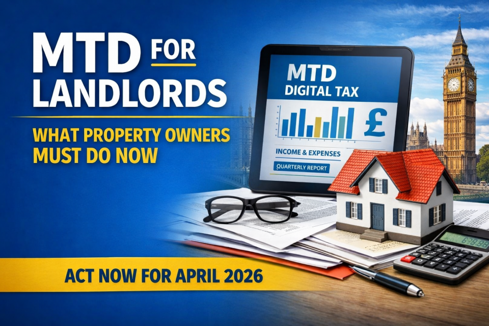 MTD for Landlords April 2026 digital tax reporting for UK property owners with tablet showing income and expenses