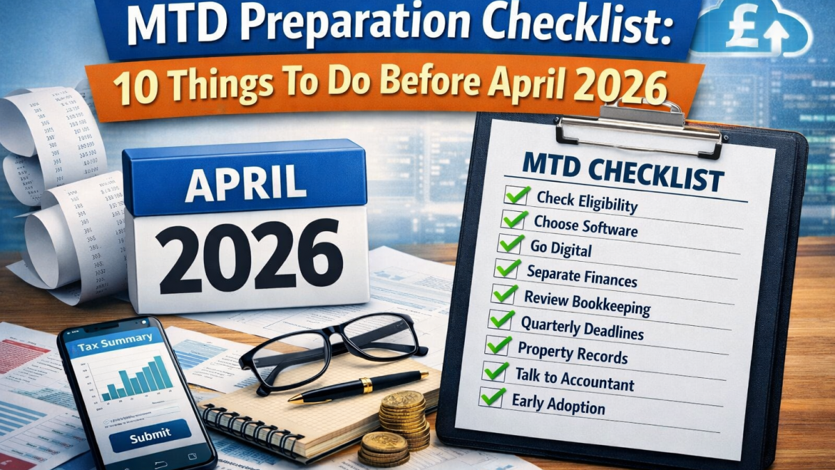 MTD Preparation Checklist showing 10 things to do before April 2026 with calendar and bookkeeping documents