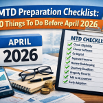 MTD Preparation Checklist showing 10 things to do before April 2026 with calendar and bookkeeping documents