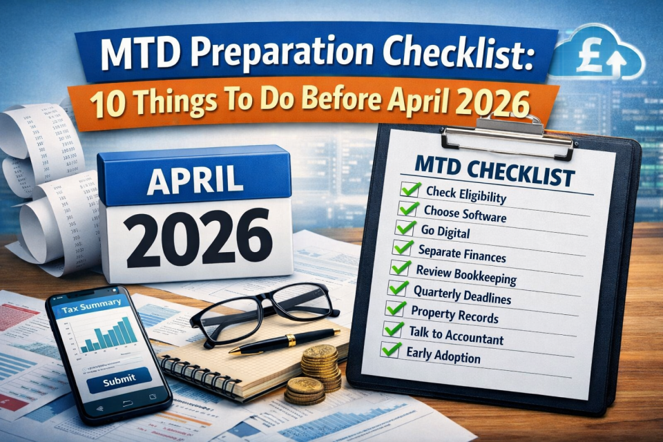 MTD Preparation Checklist showing 10 things to do before April 2026 with calendar and bookkeeping documents