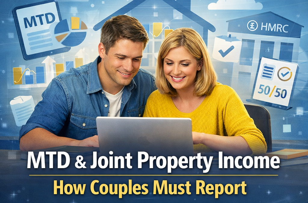 MTD and joint property income reporting showing UK couple reviewing rental figures and HMRC compliance requirements