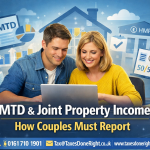 MTD and joint property income reporting showing UK couple reviewing rental figures and HMRC compliance requirements