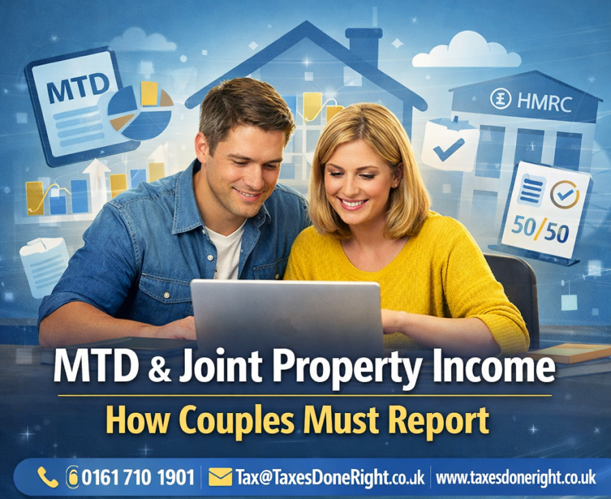 MTD and joint property income reporting showing UK couple reviewing rental figures and HMRC compliance requirements