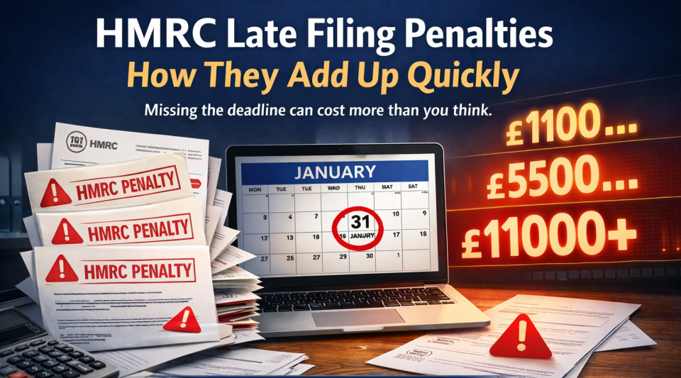 HMRC late filing penalties increasing quickly with UK tax deadline calendar and penalty notices