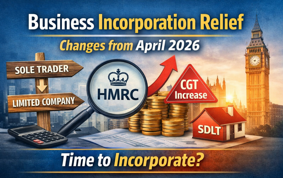 Business Incorporation Relief changes from April 2026 showing CGT increase and move from sole trader to limited company
