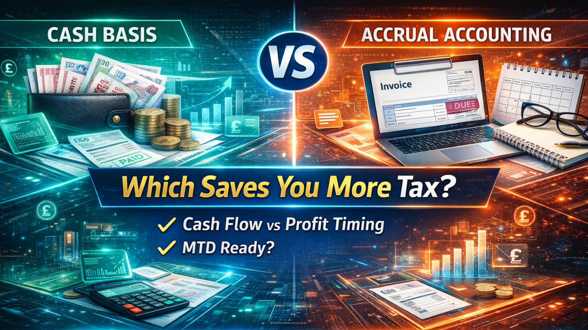 Cash basis vs accrual accounting comparison showing which saves more tax for UK businesses – Taxes Done Right Manchester