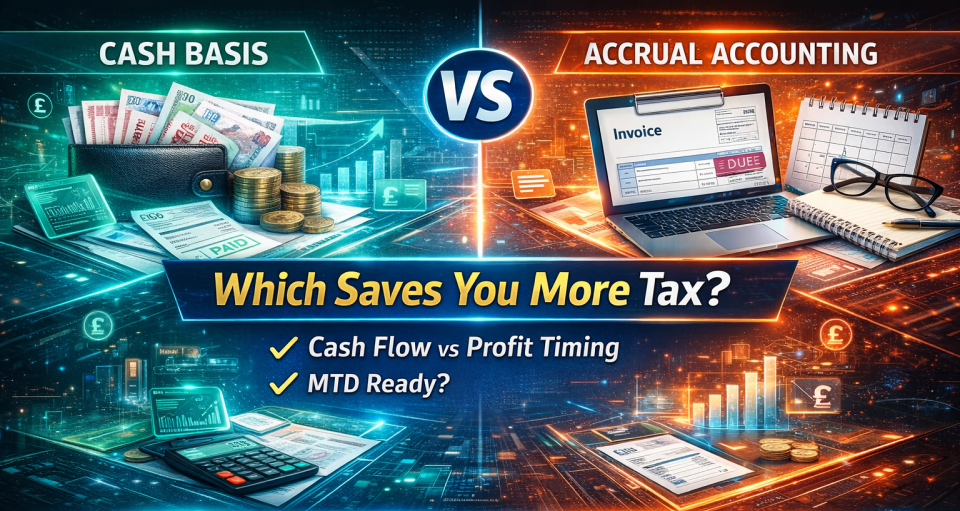 Cash basis vs accrual accounting comparison showing which saves more tax for UK businesses – Taxes Done Right Manchester