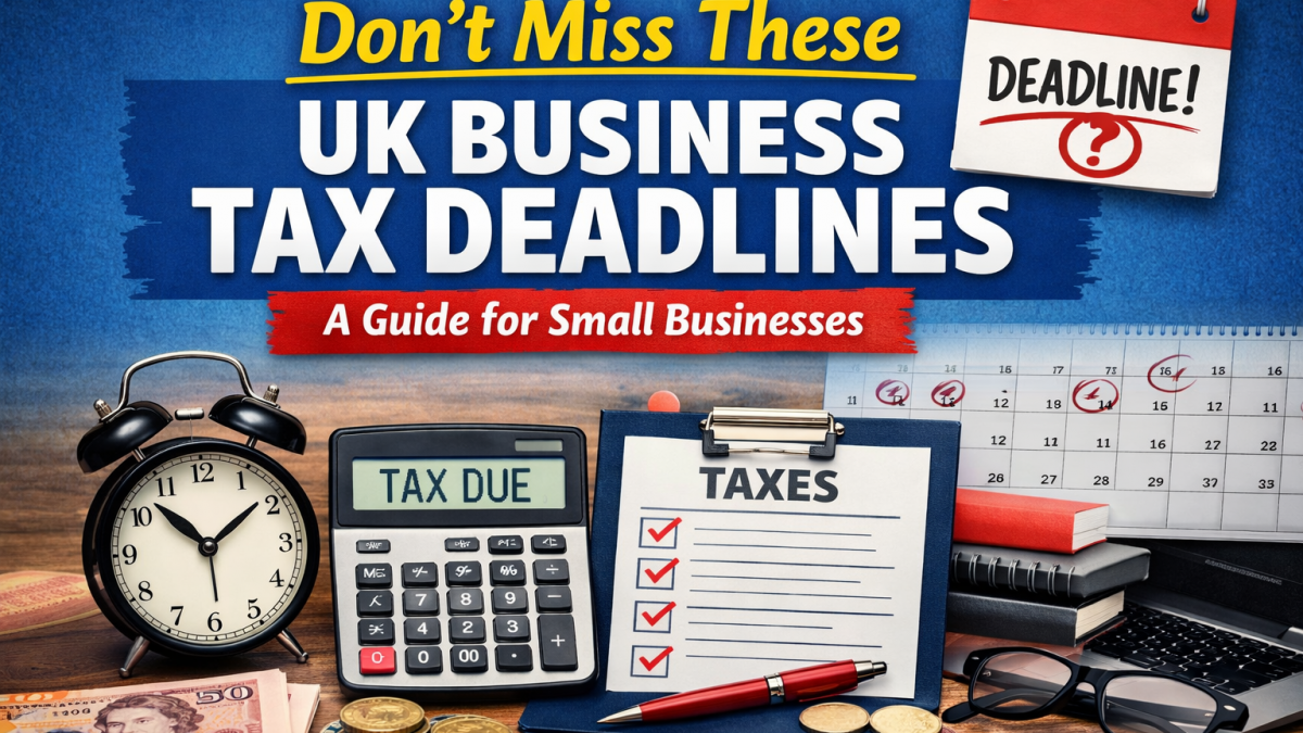 UK business tax deadlines guide for small businesses showing calendar, tax due reminder, calculator and documents