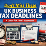 UK business tax deadlines guide for small businesses showing calendar, tax due reminder, calculator and documents