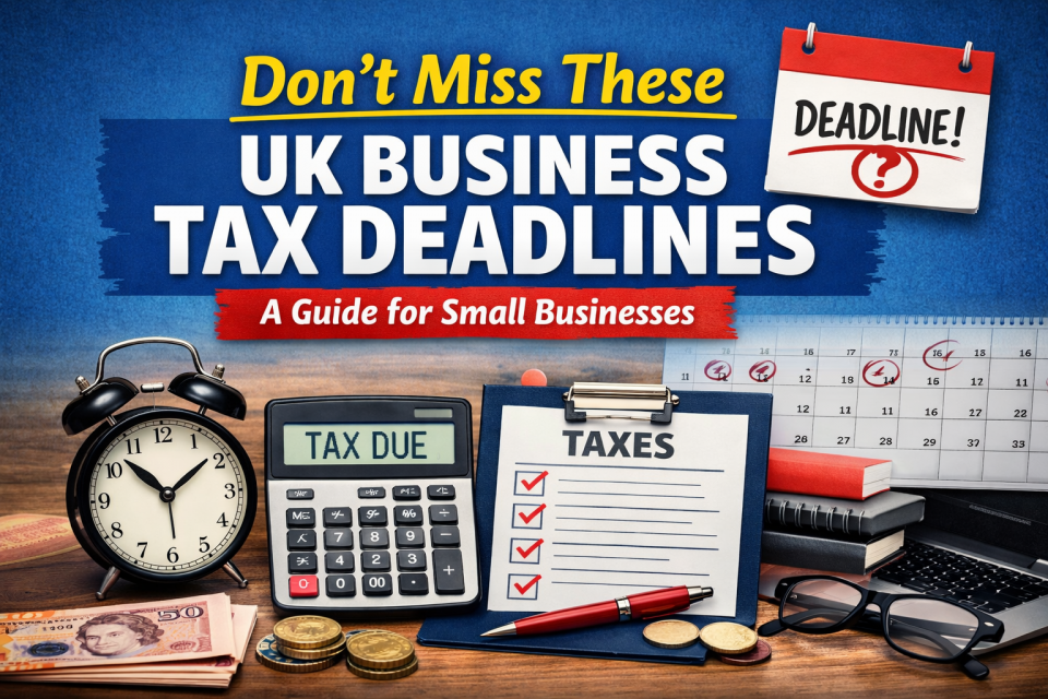 UK business tax deadlines guide for small businesses showing calendar, tax due reminder, calculator and documents