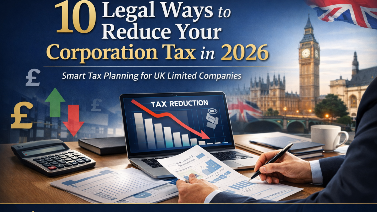 10 legal ways to reduce corporation tax in 2026 for UK limited companies with financial planning desk and charts