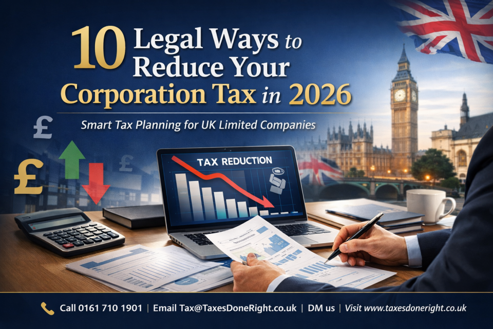 10 legal ways to reduce corporation tax in 2026 for UK limited companies with financial planning desk and charts