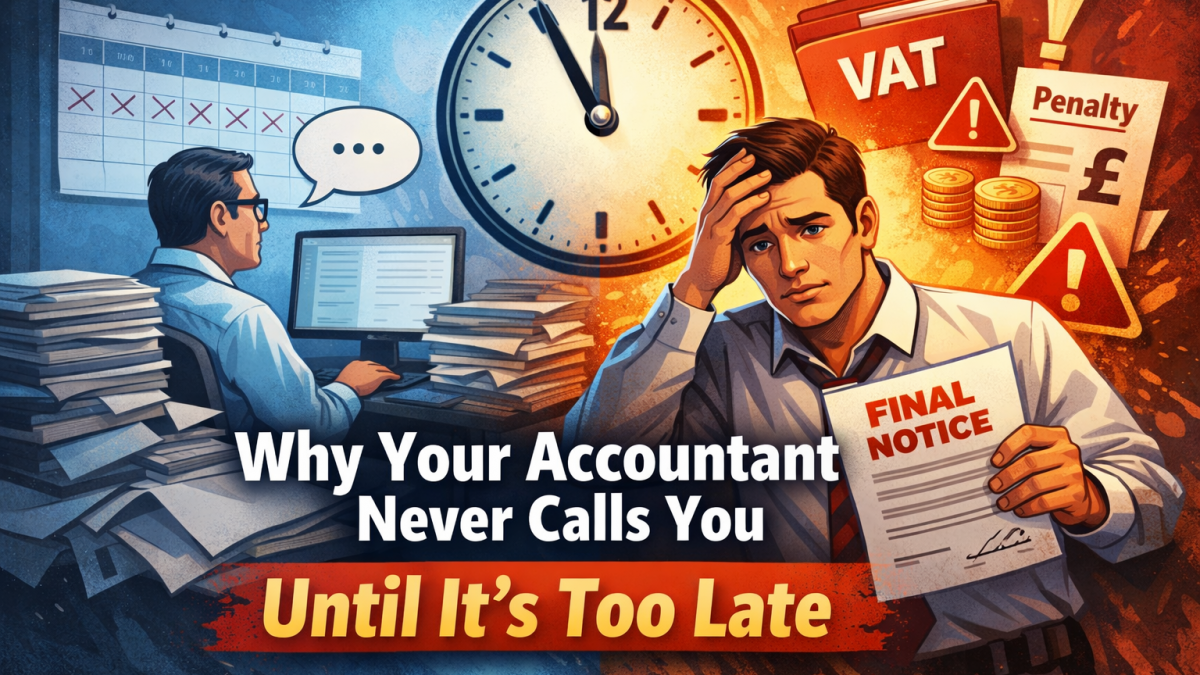 Business owner holding a final notice while accountant works at desk illustrating why accountants often contact clients too late for tax planning