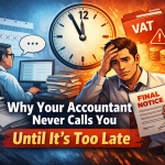 Business owner holding a final notice while accountant works at desk illustrating why accountants often contact clients too late for tax planning