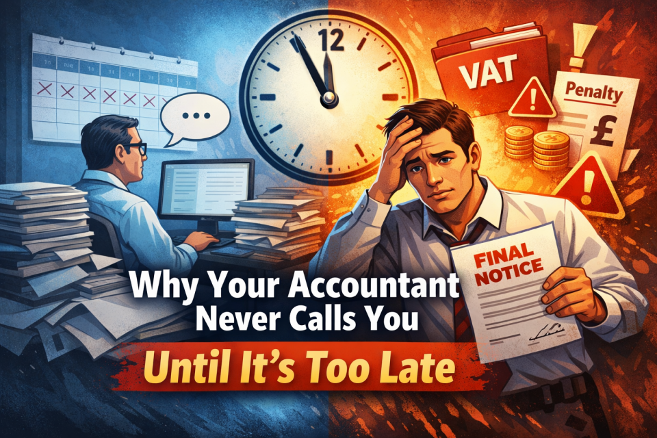 Business owner holding a final notice while accountant works at desk illustrating why accountants often contact clients too late for tax planning