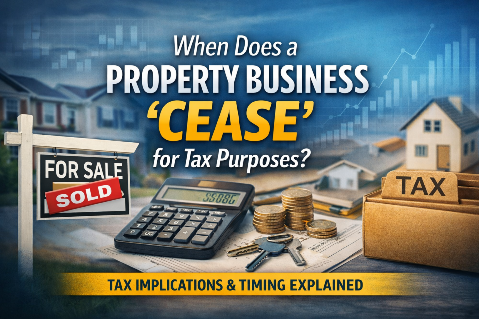 When does a property business cease for tax purposes UK explained with property sale sign and tax documents