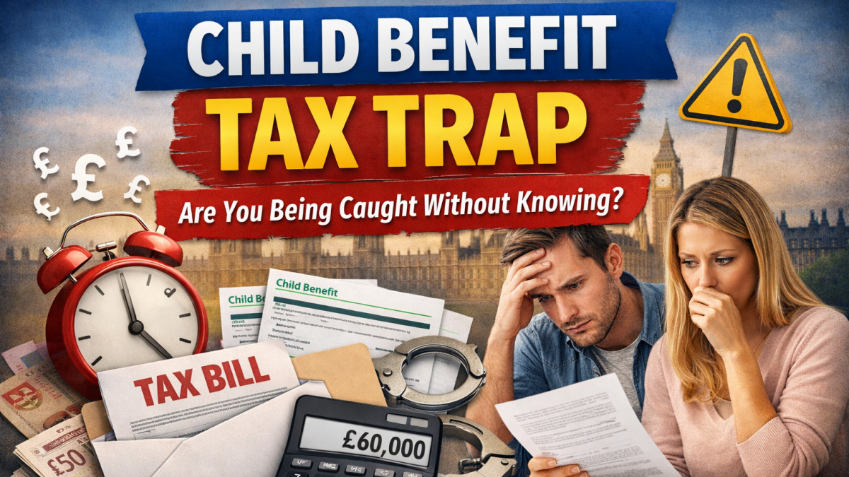 Child Benefit tax trap UK showing £60000 threshold and worried couple reviewing tax bill
