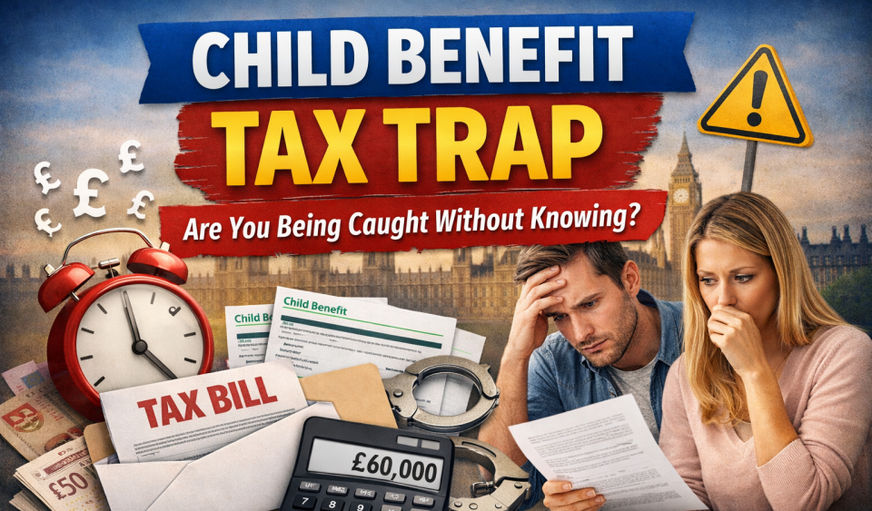 Child Benefit tax trap UK showing £60000 threshold and worried couple reviewing tax bill