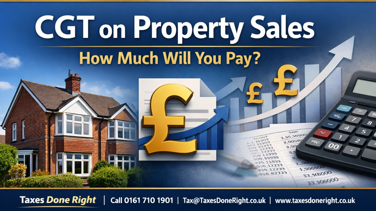 CGT on property sales UK showing house, calculator and pound symbol explaining capital gains tax